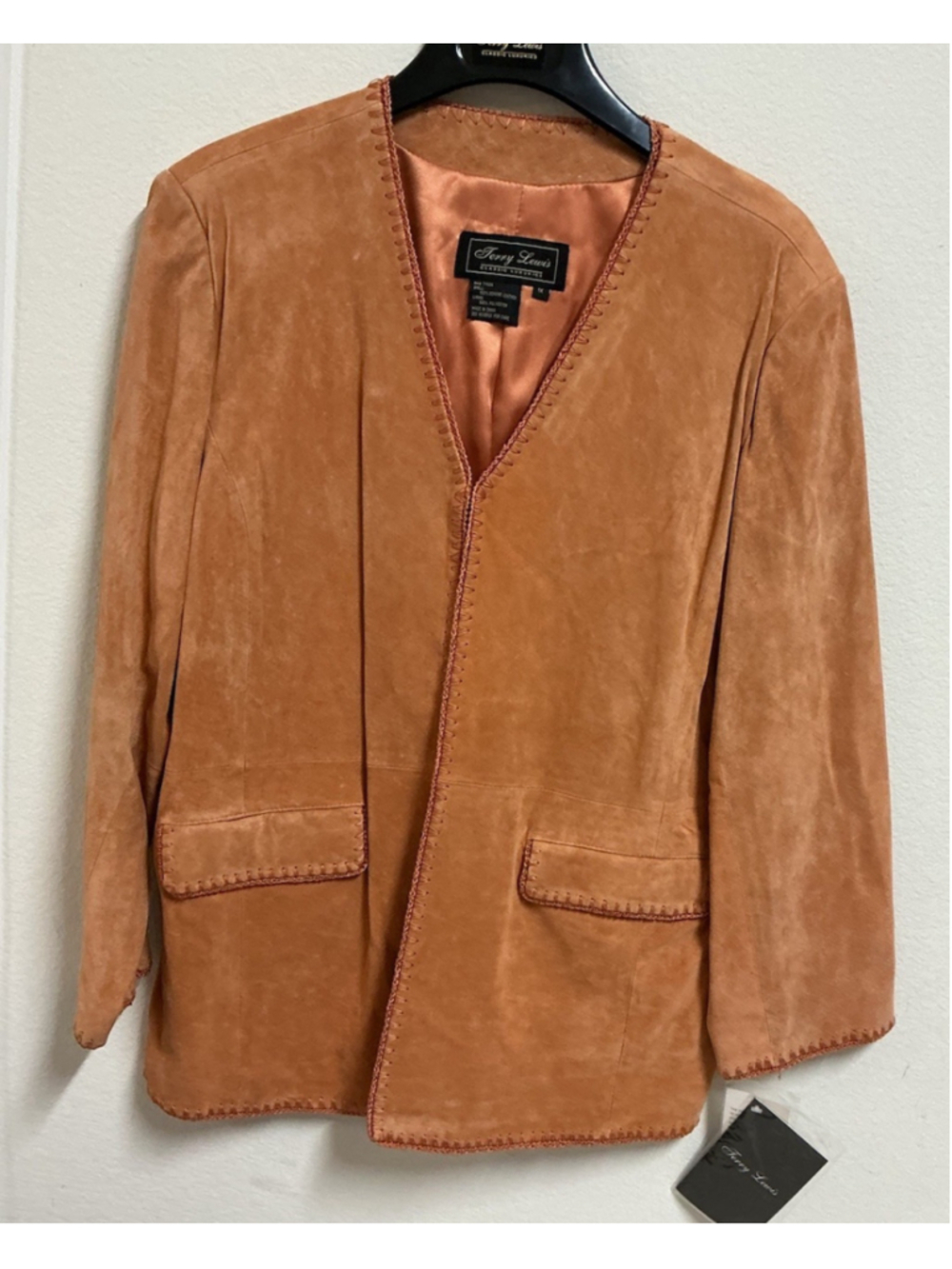 NWT Terry Lewis Suede Leather Jacket 1X Pl Tan Cognac Whipstitch Hook Eye Blazer